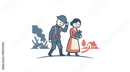 Soldier and Woman Leaving Destroyed Home