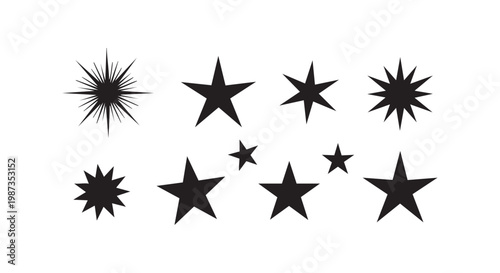 Set of minimalist black star silhouettes in various shapes and point counts including sparkles and celestial icon symbols.