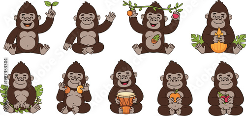 Cute gorilla vector character set featuring happy jungle apes in various poses with fruits, drum, and tropical leaves, perfect for nursery decor and children's educational materials isolated on white.