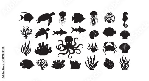 Set of marine life silhouettes including fish octopus turtle and coral elements for ocean themed design vector illustration.