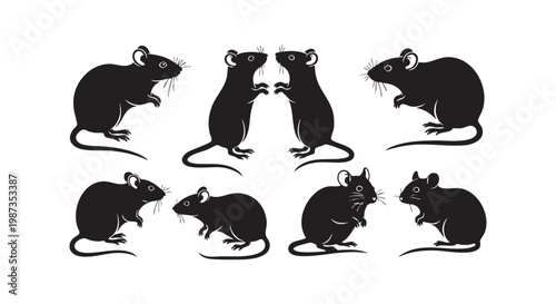 Set of mouse and rat animal silhouettes in various poses, collection of rodents for design element on white background.