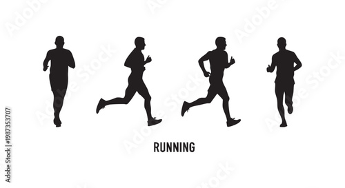 Set of running men silhouettes. various poses of athletes jogging and exercising, captured in dynamic motion.