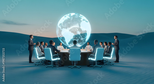 Business people are discussing the global economy around a large round table. A globe-shaped light illuminates the table, creating a futuristic scene