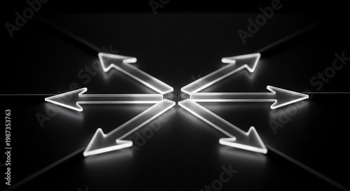 Multiple Glowing Arrows Radiating Outward on a Dark Reflective Surface.