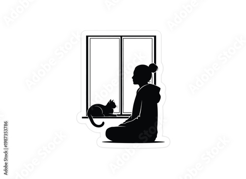 Woman and cat gazing out a window in stark contrast silhouette