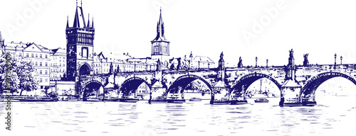 Charles Bridge Prague hand drawn line art sketch, historic European landmark illustration, vintage architectural drawing, detailed ink outline of famous Czech Republic bridge, travel sketch style city
