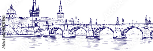Charles Bridge Prague hand drawn line art sketch, historic European landmark illustration, vintage architectural drawing, detailed ink outline of famous Czech Republic bridge, travel sketch style city