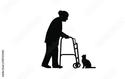 Elderly woman with a walker and cat a striking black silhouette