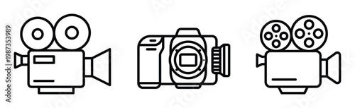 A set of minimalist black outline video camera icons, featuring both vintage film cameras and modern camcorders. Ideal for multimedia, film, app, and web design projects.