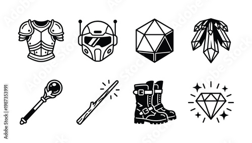Vector icon set with fantasy and sci-fi adventure game items. Includes armor, helmet, dice, crystals, magic staff, wand, boots, diamond. Ideal for UI/UX, apps, games.