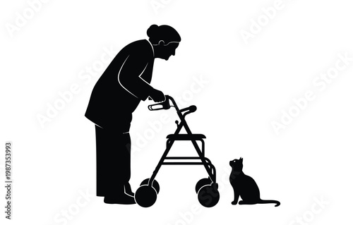 Elderly woman with walker and cat companion a striking black silhouette