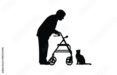 Elderly man with walker and cat companion a striking black silhouette