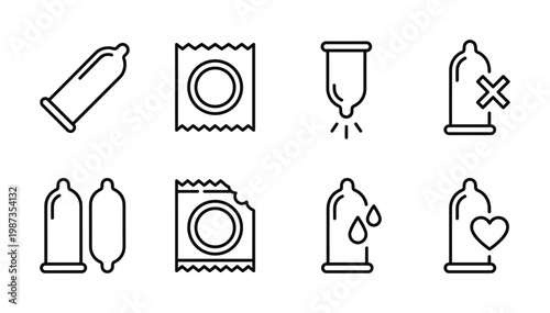 Modern vector line icons of condoms for safe sex, contraception, and sexual health education. Perfect for digital designs and public awareness campaigns.
