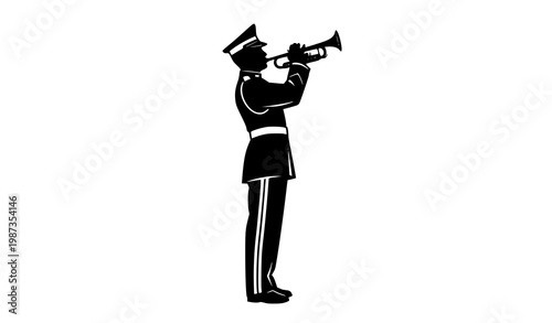 Military trumpeter silhouette in formal uniform playing brass instrument side view vector illustration