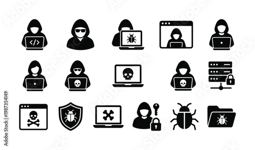 This vector icon set depicts cybersecurity concepts, including hackers, viruses, malware, and data protection. Ideal for tech, security, or warning designs.
