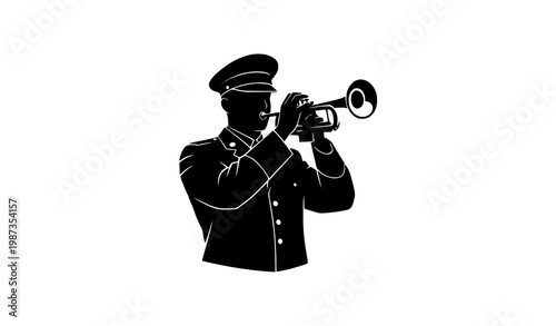 Front view military trumpeter silhouette in formal uniform minimalist vector illustration