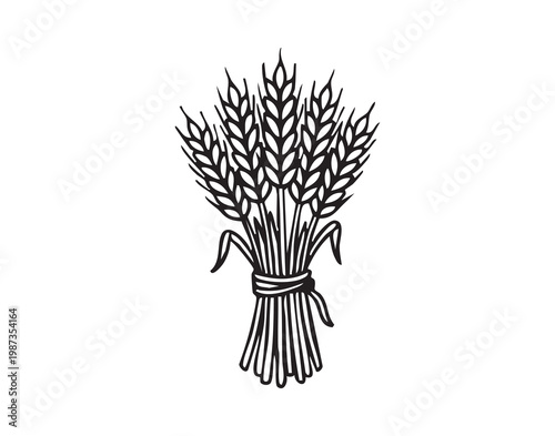 Farm harvest with tied wheat. Agricultural scene showing tied wheat sheaves and harvest theme. Illustration portraying farm harvest with plentiful wheat stalks bound together in rustic style