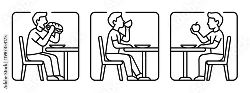Three vector icons depict a man making food choices: eating a burger, soup, and an apple. Illustrates healthy vs unhealthy habits, diet, and nutrition concepts.