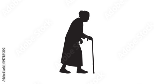 Silhouette of an elderly woman walking with a cane on white background, representing aging and support.