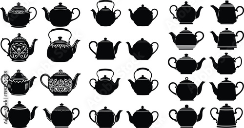 Flat vector illustration, twenty teapot silhouettes, diverse spout handle lid designs, black white kitchenware artwork, decorative traditional modern concept