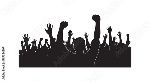 Silhouette of cheering crowd with raised hands and fists celebrating at outdoor music festival concert event celebration.
