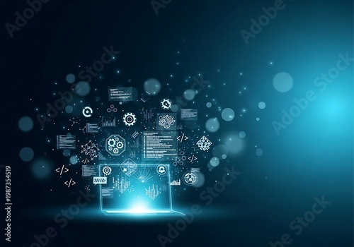 Future Technology Concept Digital Transformation, Data Flow, and Software Development Visualization