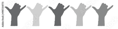 A black halftone vector set of raised hands in various shades of gray, conveying a sense of unity and solidarity in a modern design style.