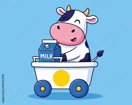 Cute cartoon cow delivering milk with a smiling expression