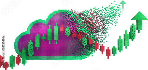 Dynamic visualization of cloud data transforming into an upward financial market trend, with vibrant candlestick charts and a green arrow symbolizing significant growth and digital investment success