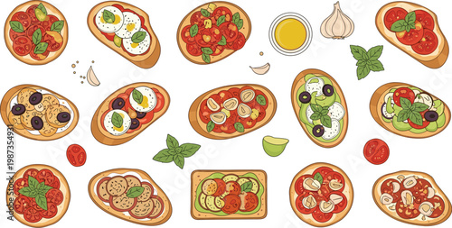 Italian bruschetta and appetizer set with tomato mozzarella basil and olive oil on toasted bread vector illustration for restaurant menu and healthy Mediterranean diet food concepts.