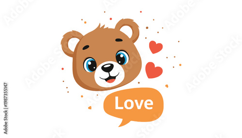 A cute bear head illustration with love speech bubble and hearts