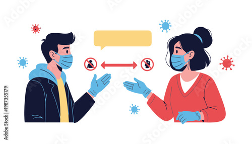 A man and woman wearing face masks and gloves while maintaining social distance