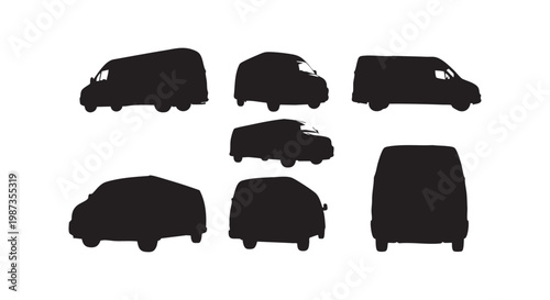 Silhouette of various vans and trucks from different angles isolated on white background vector.