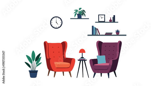 A cozy living room with two colorful armchairs and modern decor