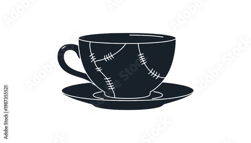 A black baseball cup and saucer with a brown liquid