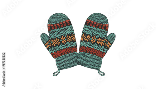 A pair of green knitted mittens with colorful patterns on a white background