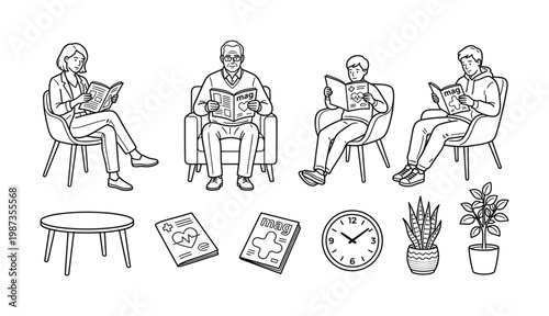 Vector illustration of diverse people reading in a waiting area with magazines and plants. Ideal for healthcare, education, or leisure content.
