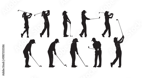 Silhouette of woman golf player swinging club in various poses isolated on white background vector illustration.