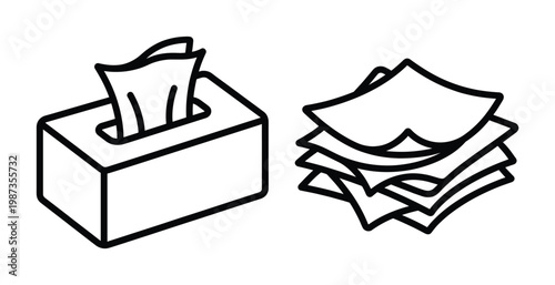 Clean line art vector illustration depicting a tissue box and a stack of facial tissues. Ideal for hygiene, health, or household product designs and icons.
