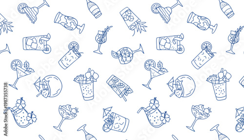 Cocktail seamless pattern with various drinks and glasses illustration