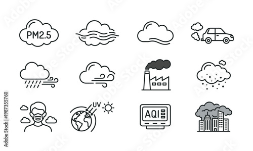 Vector set of line icons illustrating air pollution, climate issues, and various weather conditions. Concepts like PM2.5, AQI, UV, smog, and wind are included.