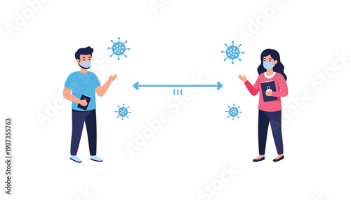 A man and woman wearing face masks and maintaining social distance