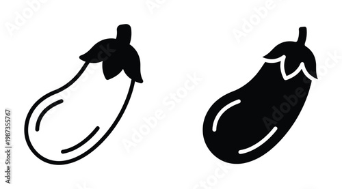 Minimalist black vector eggplant icons, featuring both outline and solid fill designs. Ideal for food apps, grocery lists, healthy eating themes, and web graphics.