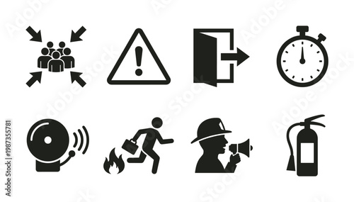 Comprehensive collection of black vector icons for safety, emergency, fire, warning, and evacuation. Ideal for industrial safety manuals, infographics, and public information signs.