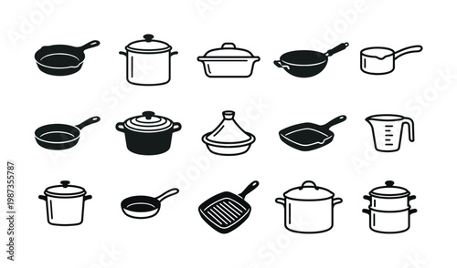 A comprehensive collection of diverse kitchen cookware icons including pots, pans, a measuring cup, and a tagine. Perfect for web, app, menu, and recipe designs.