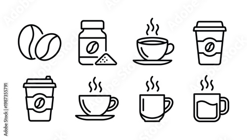 Vector outline icons of coffee beans, instant coffee, and various hot coffee cups with steam. Ideal for menus, apps, websites, or cafe branding.