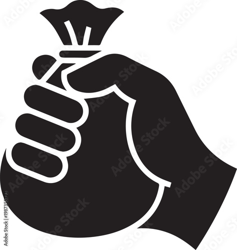 Black and white vector icon of hand holding bag of money or sack for finance investment savings and business concepts