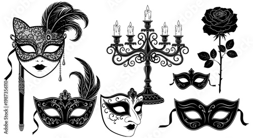 Mardi Gras Venetian masquerade ball masks and candelabra with rose, festive carnival night