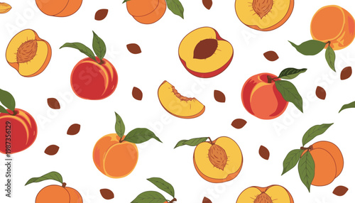 Peach seamless pattern with sliced peaches and leaves on cream background