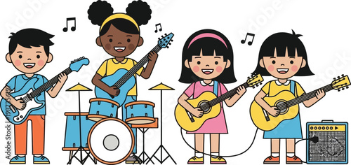 Diverse Kids Band Playing Music Together With Guitars and Drums